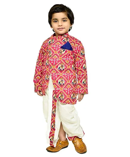 CHAKORI Full Sleeves Patola Foil Print With Jaipuri Gota Work Sherwani & Dhoti Set - Pink