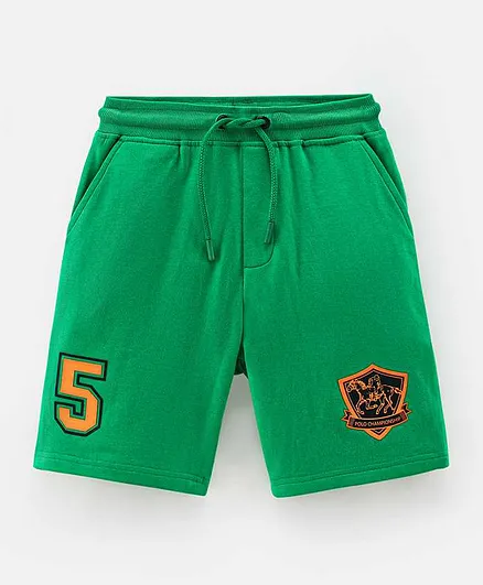 Primo Gino Cotton Solid Knee Length Shorts With HD Logo Print - Green