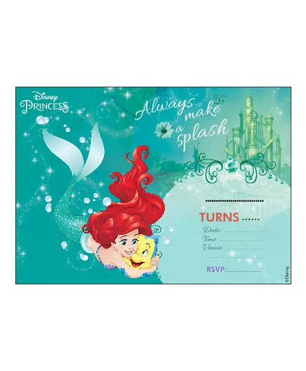 Disney Ariel The Mermaid Invitations Cards Pack of 10 - Green