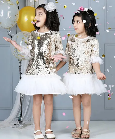 Dress My Angel Three Fourth Sleeves Sequins Embellished Flare Dress - Gold