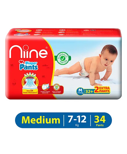 Niine Baby Diaper Pants Medium Size for Overnight Protection with Rash Control - 34 Pants