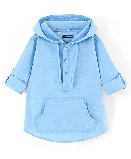 Pine Kids 100% Cotton Woven Soft Hand Feel Full Sleeves Hooded Shirt with Kangaroo Pocket - Blue