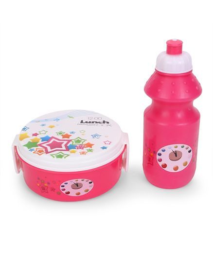Round Lunch Box And Water Bottle - Pink & White