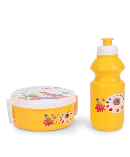 Round Lunch Box And Water Bottle - Yellow & White