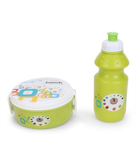 Round Lunch Box And Water Bottle - Green & White