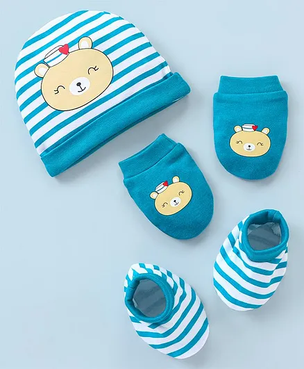Babyhug 100% Cotton Teddy Bear Printed With Stripes Cap Mittens & Booties Navy Blue - Diameter 16 cm