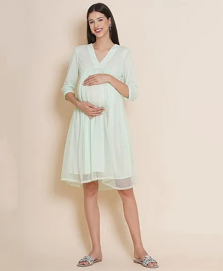 Mine4Nine Baby Shower Theme Three Fourth Sleeves Solid Fit & Flare Maternity Dress - Mint