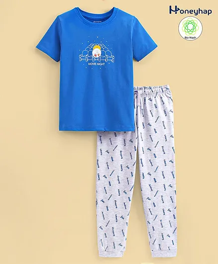 Honeyhap Premium Half Sleeves Movie Night Text Print Night Suit with Bio Finish - Daphne & Ecru Melange