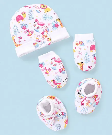 Babyhug 100% Cotton Knit Cap Mittens & Booties Set Flamingo Print - White