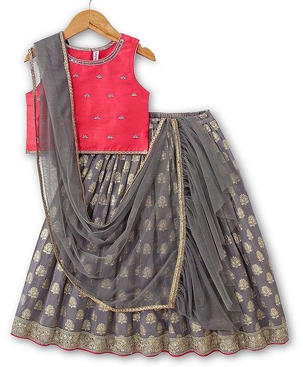 Babyhug Sleeveless Brocade Choli With Chanderi Butti Lehenga And Dupatta- Grey & Pink