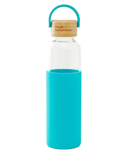 The Better Home Borosilicate Glass Water Bottle Half Sleeve & Bamboo Lid Light Blue - 500 ml