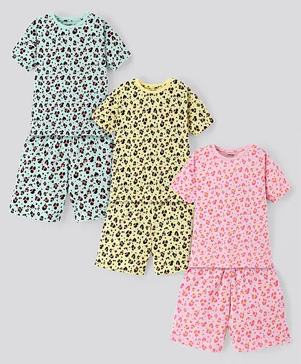 Primo Gino 100% Cotton Knit Drop Shoulder Night Suit Leopard Print Pack of 3 - Blue Yellow & Pink