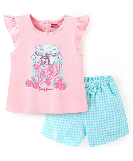 Babyhug Cotton Knit Frill Sleeves Night Suit Checks & Strawberry Print- Pink & Blue