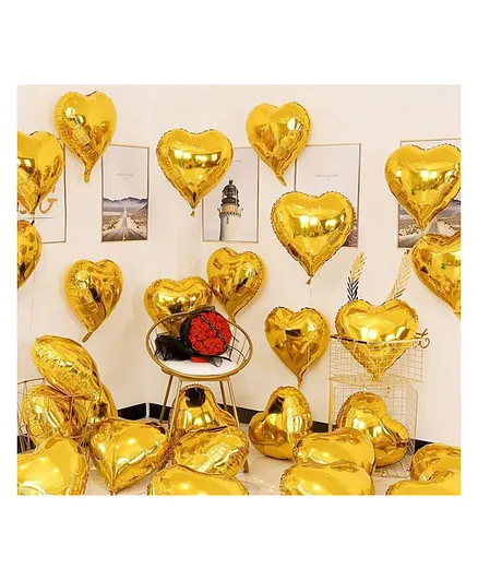 AMFIN Heart Foil Theme Decoration Balloon Golden - Pack Of 20