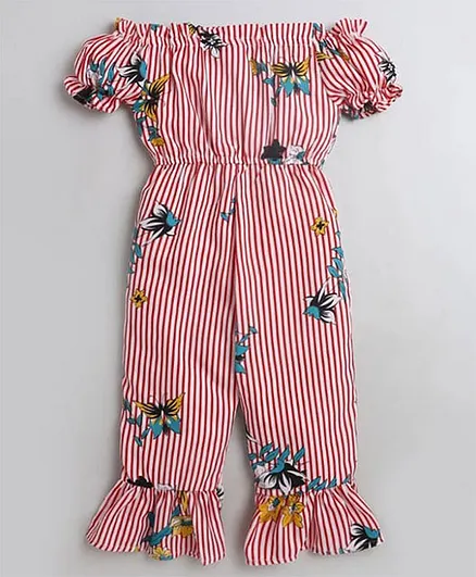 M'andy Half Sleeves Floral Printed Striped Jumpsuit - Red