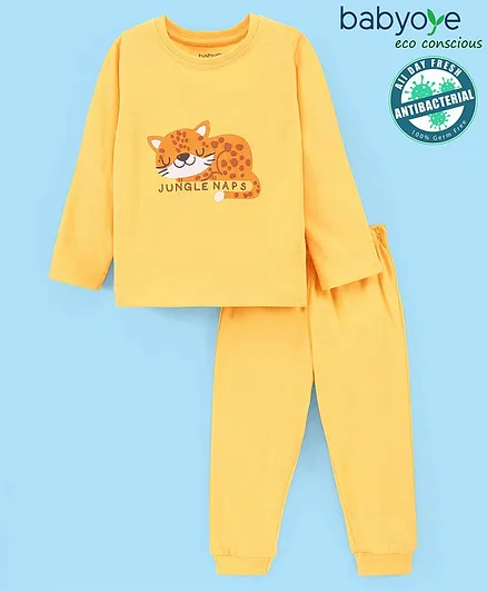 Babyoye 100% Cotton With Anti Bacterial Finish Full Sleeves Cat Print Night Suit - Yellow
