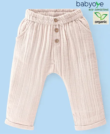 Babyoye Gauze Dyed Full Length Trouser Solid Colour - Beige