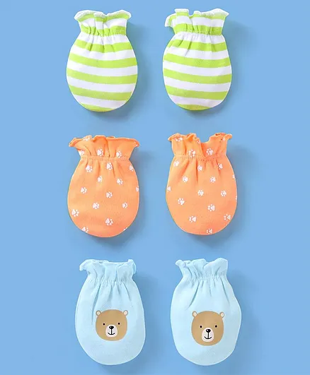 Babyhug 100% Cotton Knit Striped Mittens Pack of 3 - Orange Green & Blue