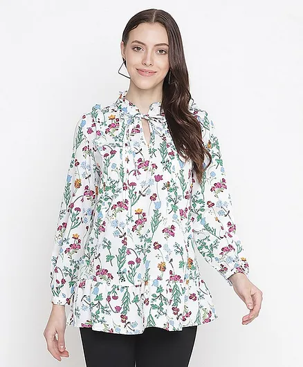 Oxolloxo Full Sleeves Seamless Flower Stems Printed Maternity Tunic With Front Knot Tie Up - White