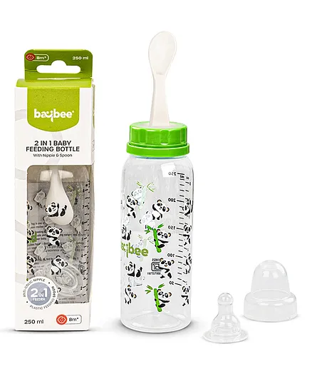 Baybee 2 in 1 Baby Feeding Bottle with Spoon Anti-Colic Silicone Nipple Green - 250 ml