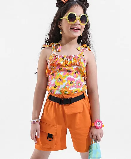 Ollington St. 100% Cotton Sleeveless Frill Top and Knitted Shorts With Belt - Orange