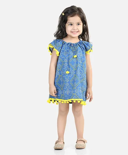 Bownbee 100% Cotton Cap Sleeves Seamless Bandhej Designed & Pom Pom Lace Embellished Jhabla Dress - Blue