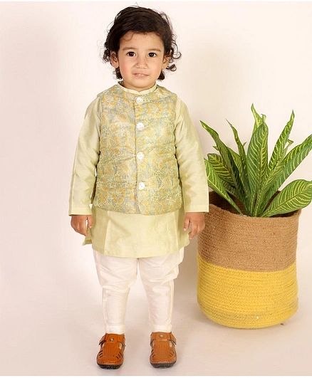SnuggleMe Full Sleeves Floral Motif Foil Printed Ethnic Brocade Kurta With Jacket & Pajama Set - Green