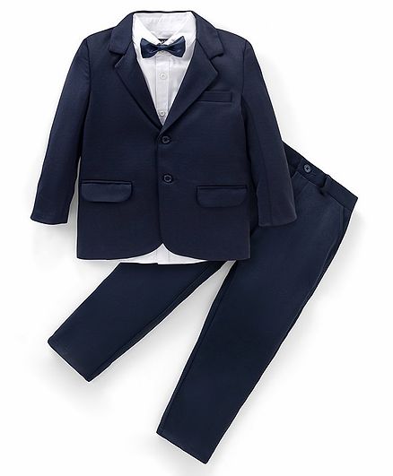 Pine Kids Full Sleeves Knitted Party Suit with Bow- Navy Blue