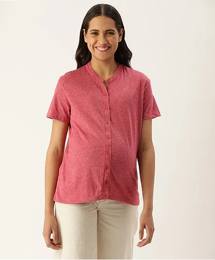 Nejo Pure Cotton Half Sleeves Solid Maternity Top - Red Melange