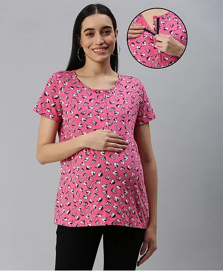 Nejo Pure Cotton Half Sleeves Seamless Ice Cream & Pizza Slice Printed Maternity Top With Concealed Zipper Access - Pink