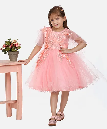 WhiteHenz Clothing Half Sleeves Pearl Detailed Leaf Embroidered Bodice & Flower Applique Embellished Fit & Flare Dress - Peach