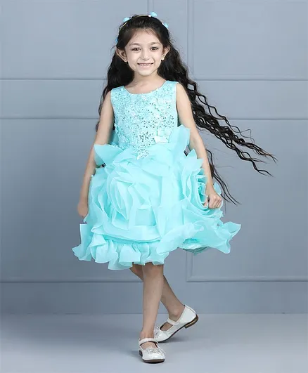WhiteHenz Clothing Sleeveless Floral Designed & Sequin Embellished Bodice Fit & Flare Flower Ruffled Dress - Sea Green