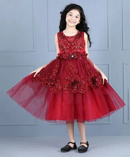 WhiteHenz Clothing Sleeveless Bead Work Embellished & Leaf Embroidered Floral Corsage Fit & Flare Dress - Maroon