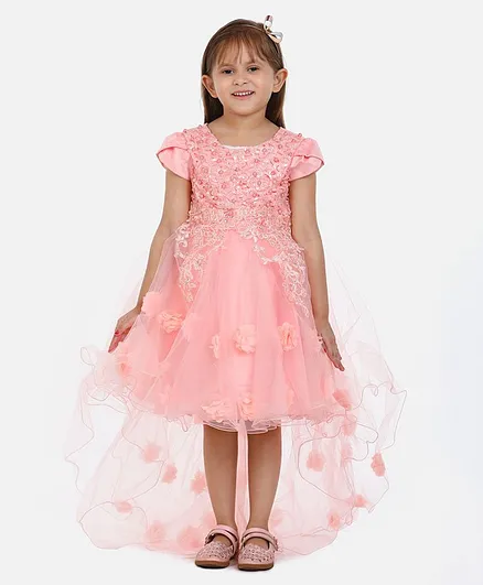 WhiteHenz Clothing Short Petal Sleeves Seamless Floral Swirl Detailed Sequin & Pearl Embellished Bodice Fit & Flare High Low Mesh Layered Dress - Peach