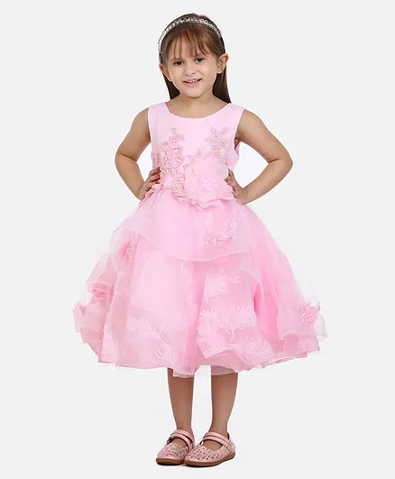 WhiteHenz Clothing Sleeveless Bead Work Detailed Floral Embroidered & Seamless Feather Printed Fit & Flare Dress - Pink