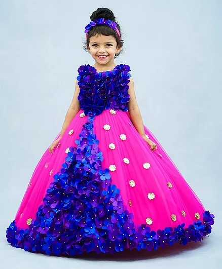 Li&Li BOUTIQUE Sleeveless Rosette Corsage & Pearl Embellished Accordion Pleated Ball Gown - Rani Pink Blue & Purple