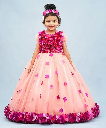 Li&Li BOUTIQUE Puffed Short Sleeves Floral Bodice Detailed Fit & Flare Pearl With Flower Petal Embellished Gown - Peach & Purple