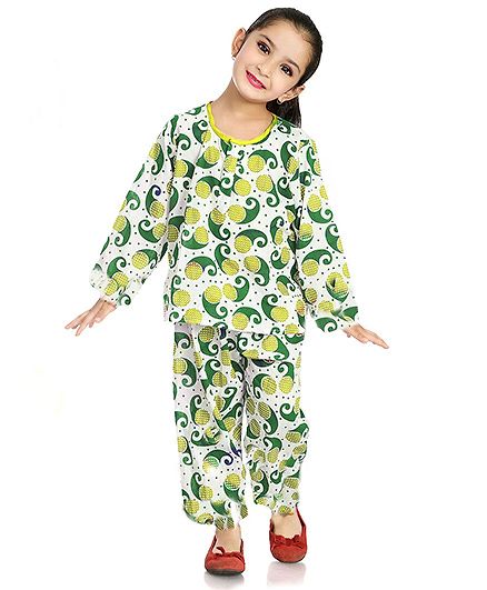 Little Pockets Store Paisley Print Night Suit - Green & White