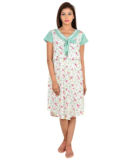 9teen Again Half Sleeves Maternity Nighty Floral Print - White Green