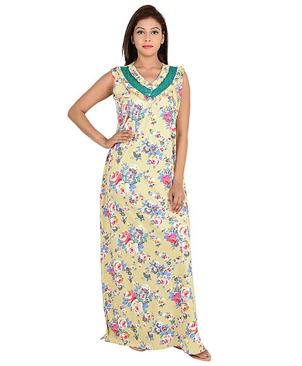 9teenAGAIN Sleeveless Maternity Nursing Nighty Floral Print - Green Yellow