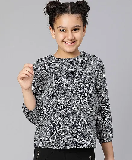 Oxolloxo Three Fourth Sleeves Seamless Forest Leaves Design Printed Top - Navy Blue