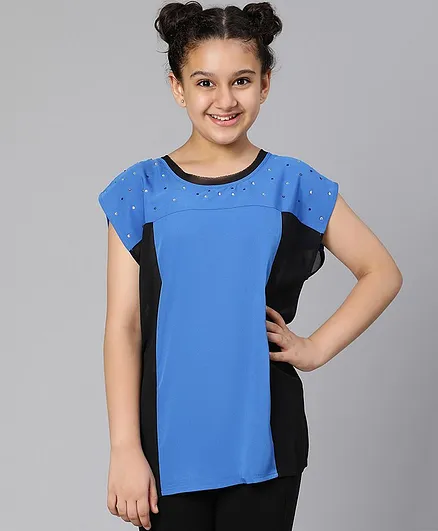 Oxolloxo Short Sleeves Stone Embellished Neckline Colour Blocked Top - Blue