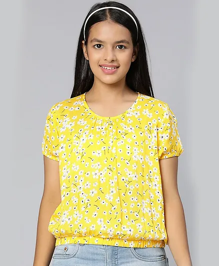 Oxolloxo Half Sleeves Seamless Flower Printed Balloon Top - Yellow