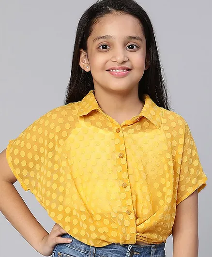 Oxolloxo Half Sleeves All Over Polka Dot Designed Shirt Style Top - Yellow