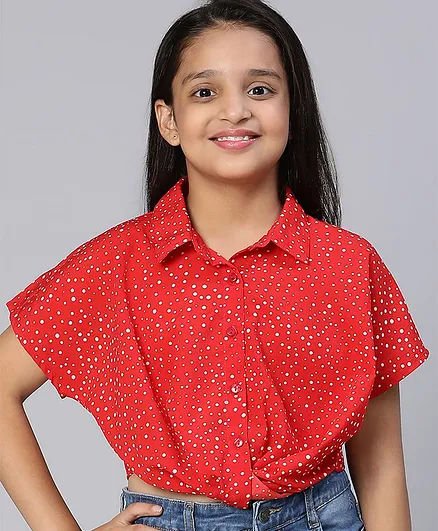 Oxolloxo Half Sleeves Seamless Polka Dot Designed Shirt Style Top - Red