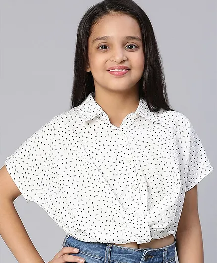 Oxolloxo Half Sleeves Seamless Polka Dot Designed Shirt Style Top - White