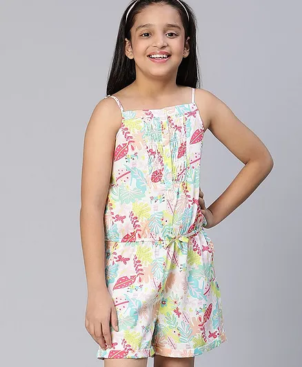 Oxolloxo Sleeveless All Over Summer Leaves & Smocked Detailed Yoke Jumpsuit - Multi Colour