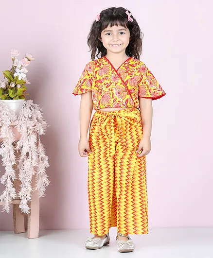 Kidcetra Half Sleeves Floral Forest Theme Printed Tiny Pom Pom Detail Crop Top & Chevron Printed Palazzo - Yellow