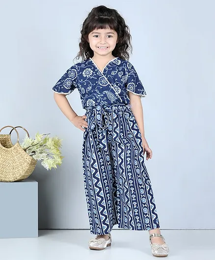 Kidcetra Half Sleeves Paisley Floral Printed Tiny Pom Pom Detail Crop Top & Abstract Motif Printed Palazzo - Blue