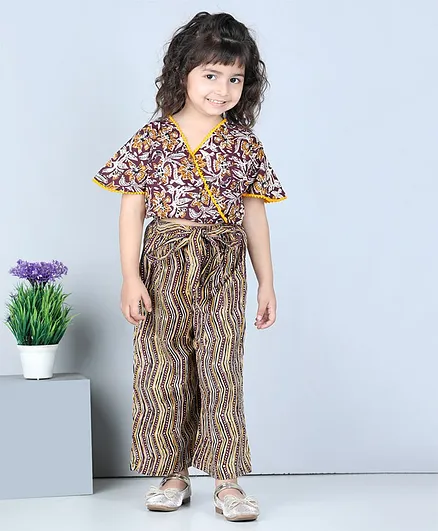 Kidcetra Half Sleeves Kalamkari Crop Top With Palazzo - Brown